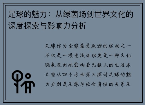 足球的魅力：从绿茵场到世界文化的深度探索与影响力分析